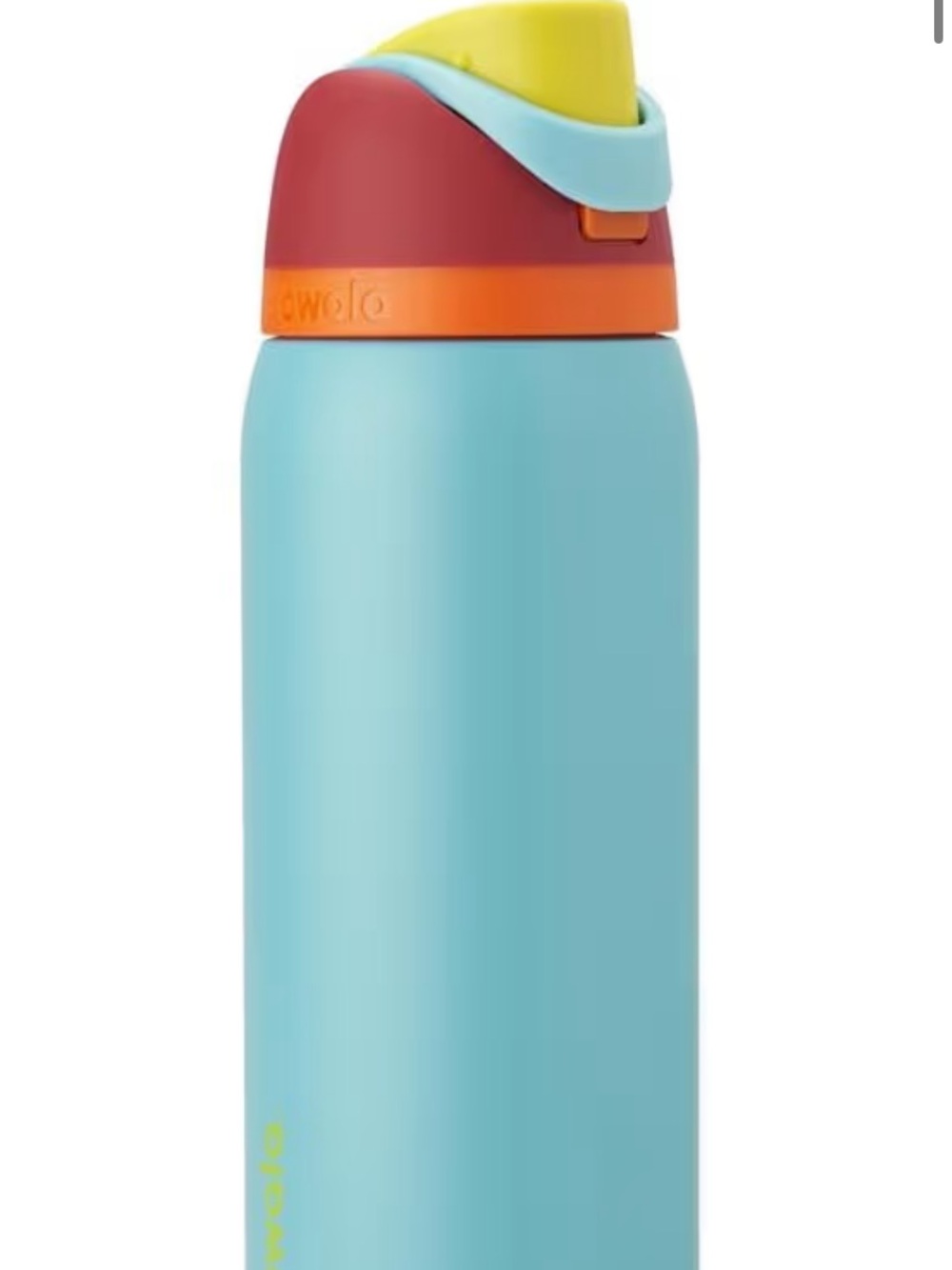 Straw Water Bottle - Light Blue with Red, Orange & Yellow Lid Owala